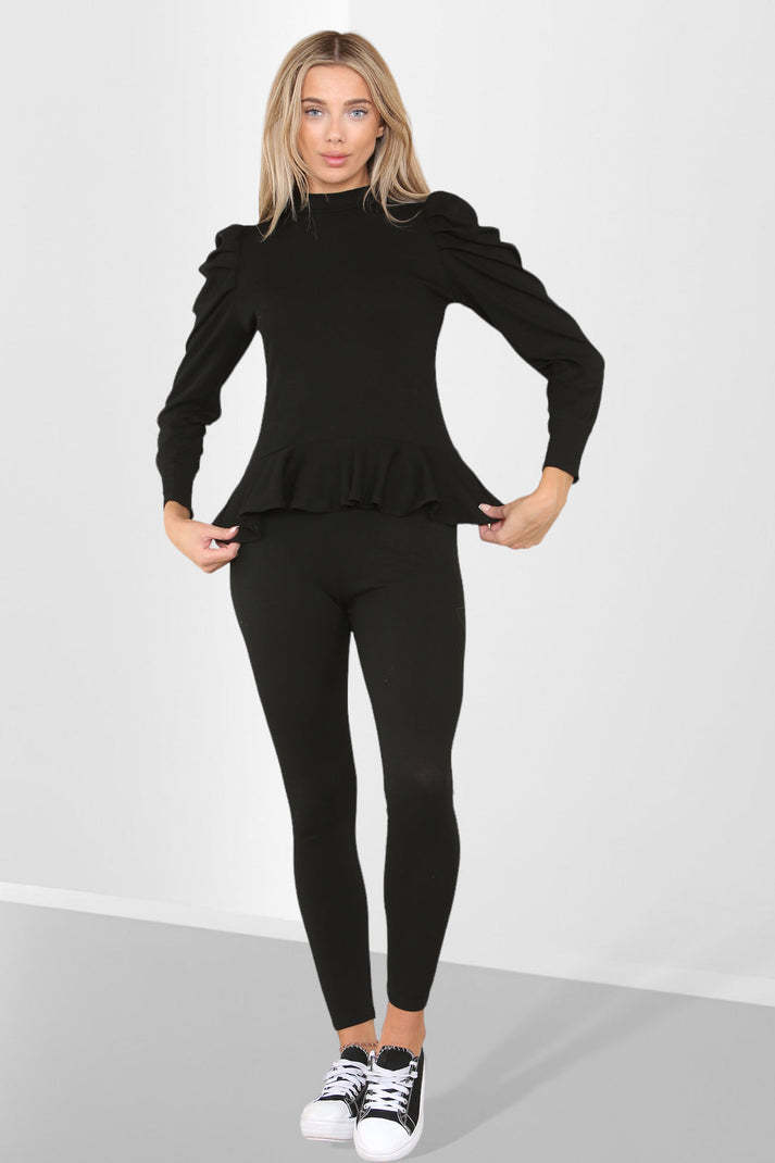Puff Sleeves Set Frill Hem Peplum Ribbed Lounge Wear Suit