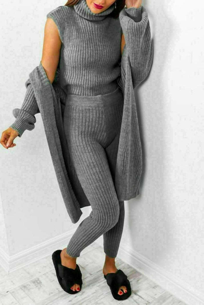 Ladies 3 Piece Suit Roll Neck Chunky Knitted Ribbed Tracksuit Lounge Set - Image 5